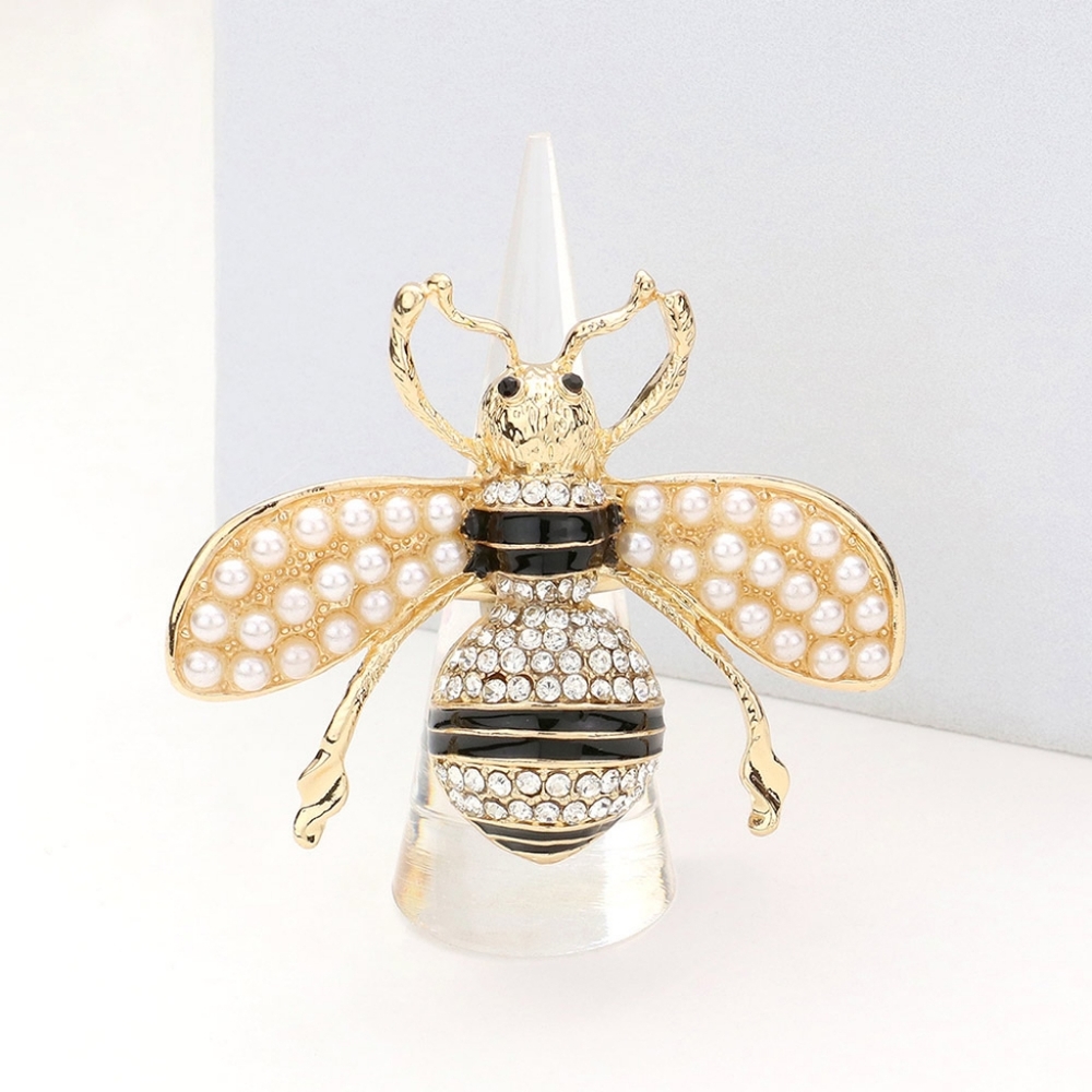 Gold Black Cream Pearl Rhinestone Crystal Stretch HoneyBee Ring
